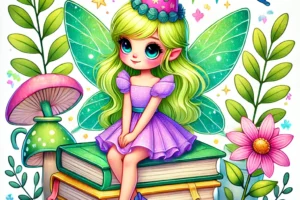 DALL·E 2024-12-16 06.34.16 - A colorful digital illustration of a fairy-like girl sitting on a stack of books. She has light green fairy wings, blonde hair, and is wearing a purpl