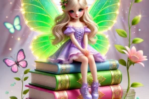 DALL·E 2024-12-16 06.34.27 - A 3D digital rendering of a magical fairy-like girl sitting on a stack of colorful books. She has light green translucent fairy wings with glowing edg