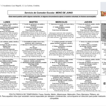 Menú del comedor. Mes de Junio.