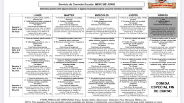 Menú del comedor. Mes de Junio.