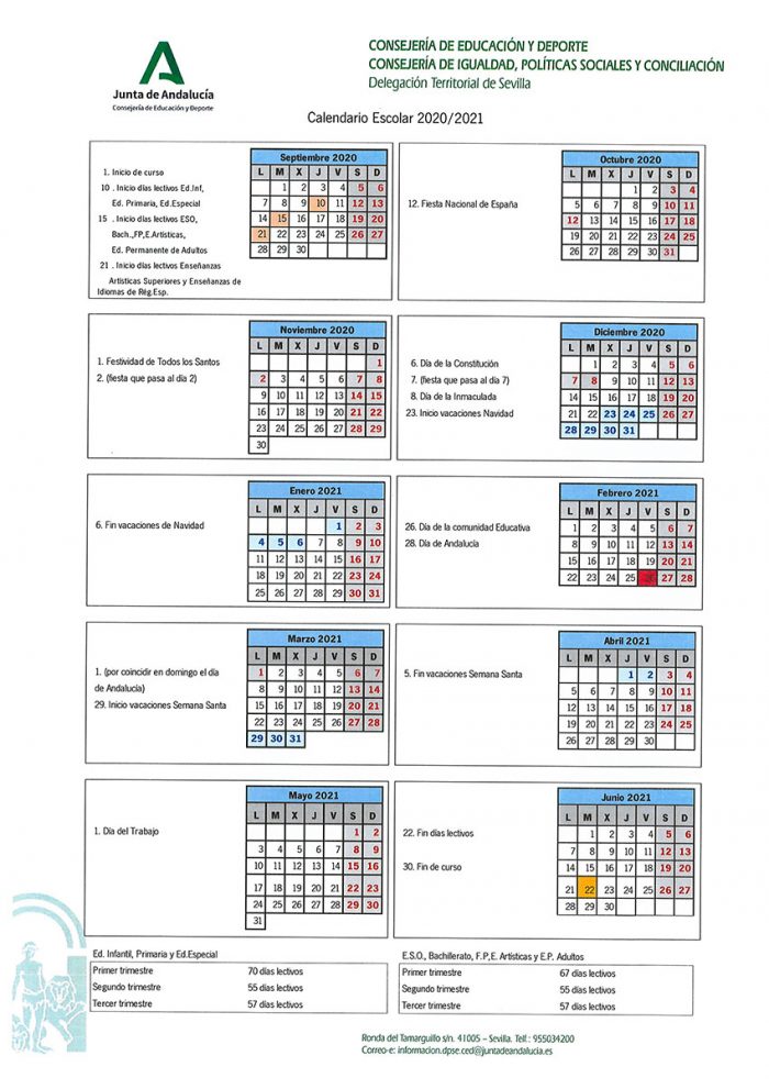 Calendario Escolar Curso 2020 21 Sevilla Ceip Cervantes Alcalá De