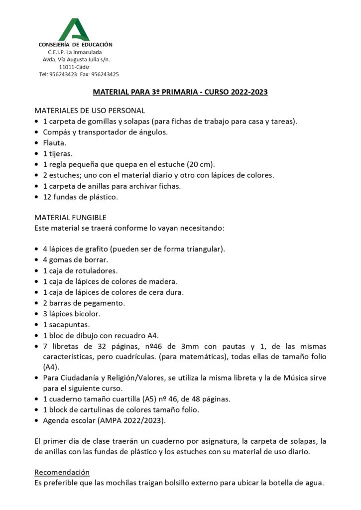 LISTADO DE MATERIALES DE PRIMARIA – CURSO 2022/2023 | CEIP La Inmaculada