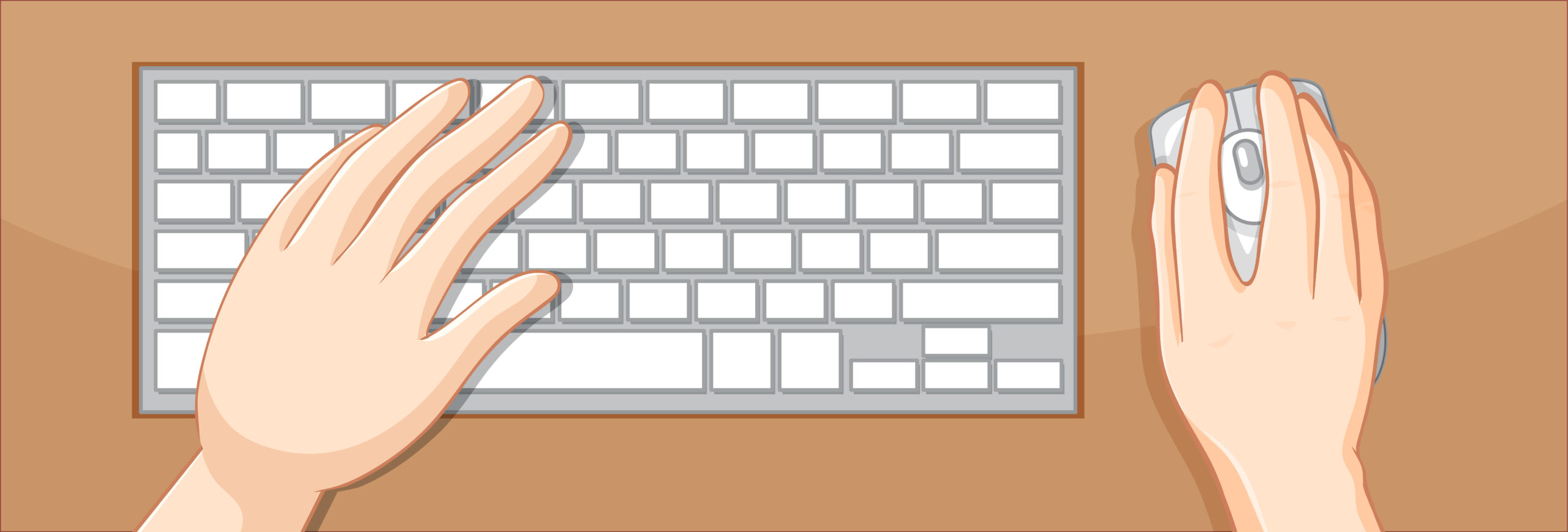 Top view of hands using keyboard and mouse on the table