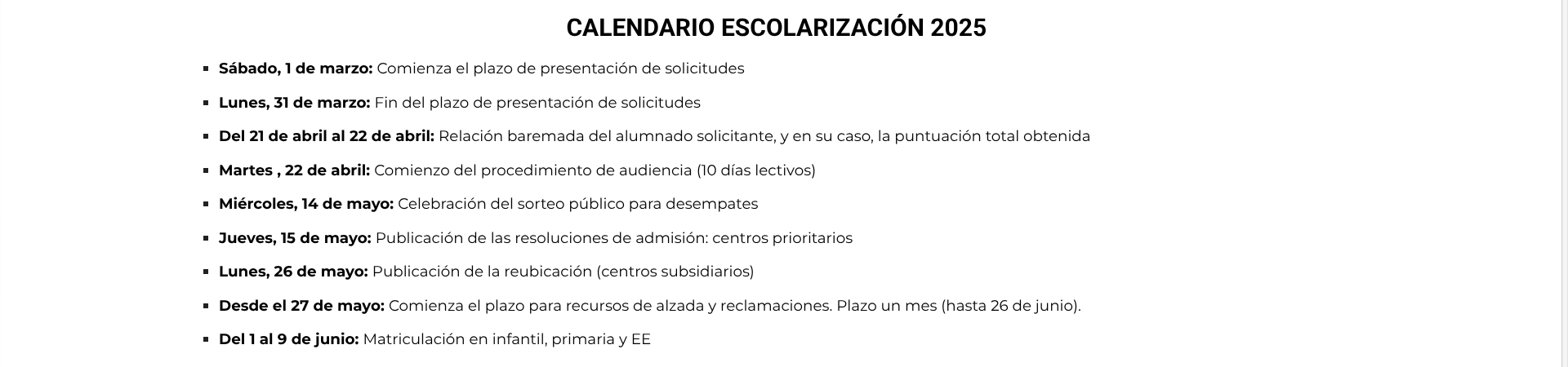 Calendario escolarización 2025