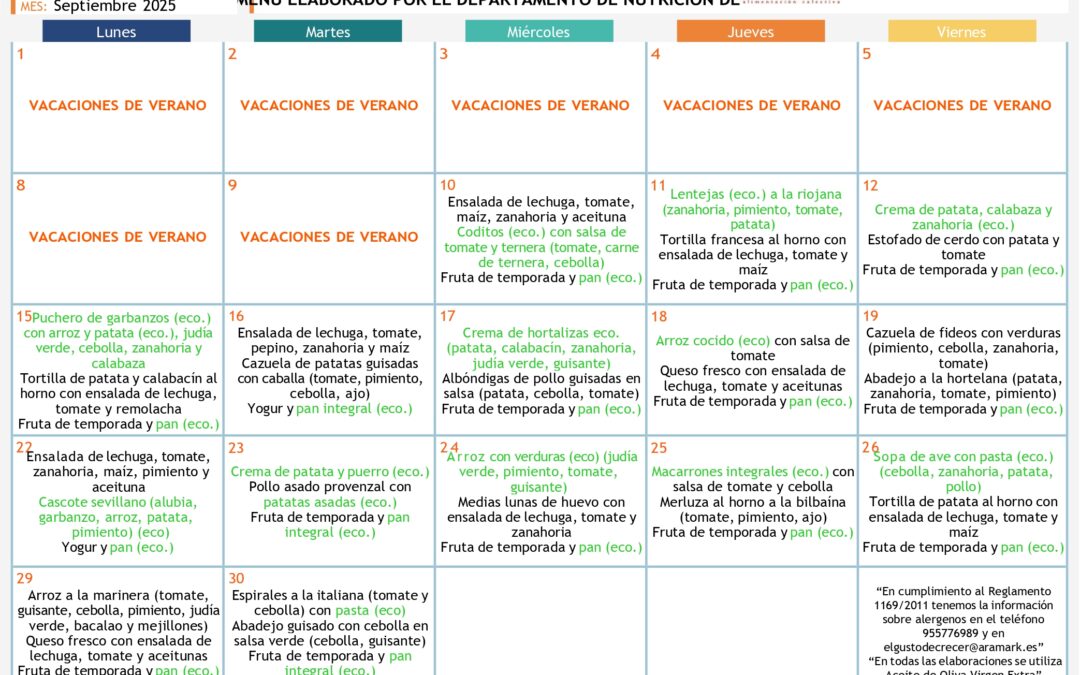 Menú del comedor escolar: septiembre 2025