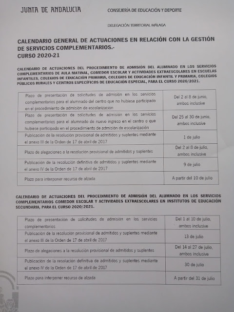CALENDARIO DE SERVICIOS COMPLEMENTARIOS Y FECHAS DE ADMISIÓN