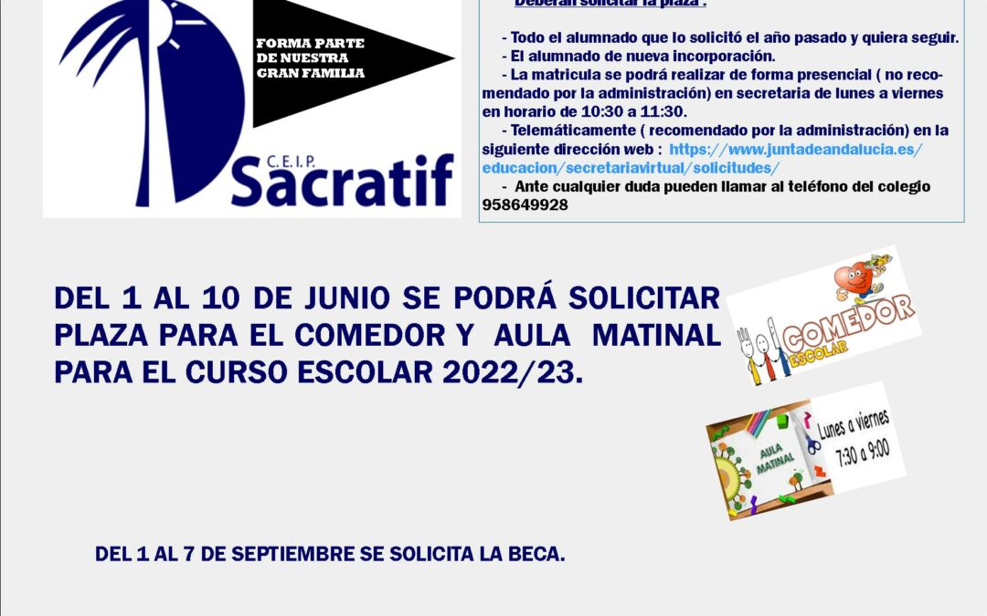 PLAZO DE SOLICITUD DE AULA MATINAL Y COMEDOR DEL 1 AL 10 DE JUNIO