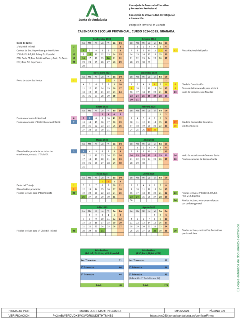 Calendario 2024 / 2025 Provincia de Granada