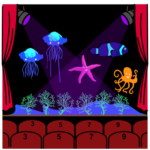 La Imagen Muestra El Escenario De Un Teatro. El Escenario Representa El Fondo Del Mar. Hay Dos Medusas Y Un Pez Azules, Una Estrella De Mar Morada, Un Pulpo Naranja Y Varias Algas Verdes
