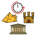 La Imagen Muestra Tres Monumentos, Una Pirámide, Un Castillo Y Un Templo Griego. Encima De Ellos Hay Un Reloj Rodeado Por Una Flecha De Color Rojo