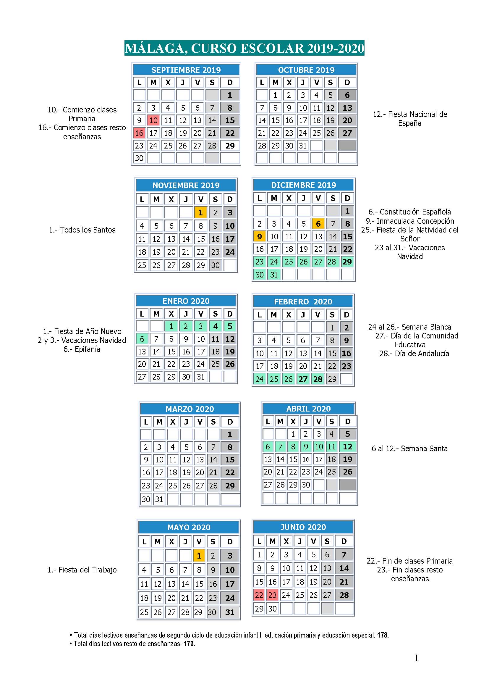 Calendario Escolar curso 2019-2020 | Educando en Málaga
