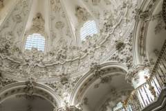 Beautiful details of white church in Priego de Cordoba in Spain