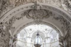 Beautiful details of white church in Priego de Cordoba in Spain