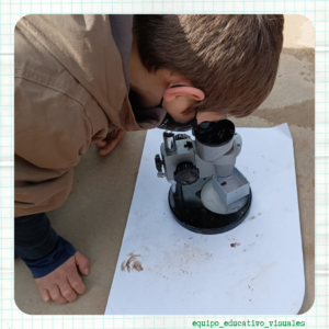 Niño mira por el microscopio los granos de arena
