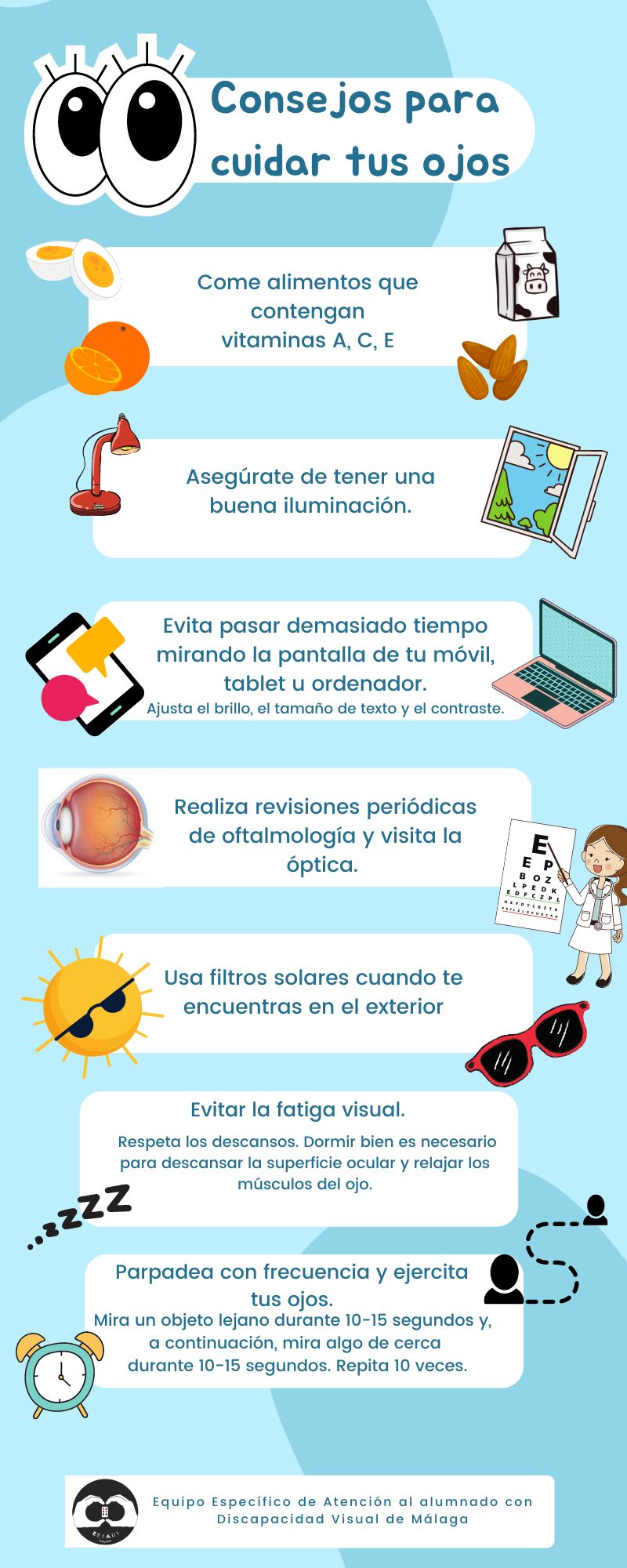 Infografía con consejos para cuidar la salud de tus ojos. Alimentación, iluminación, descanso, revisiones periódicas, etc.