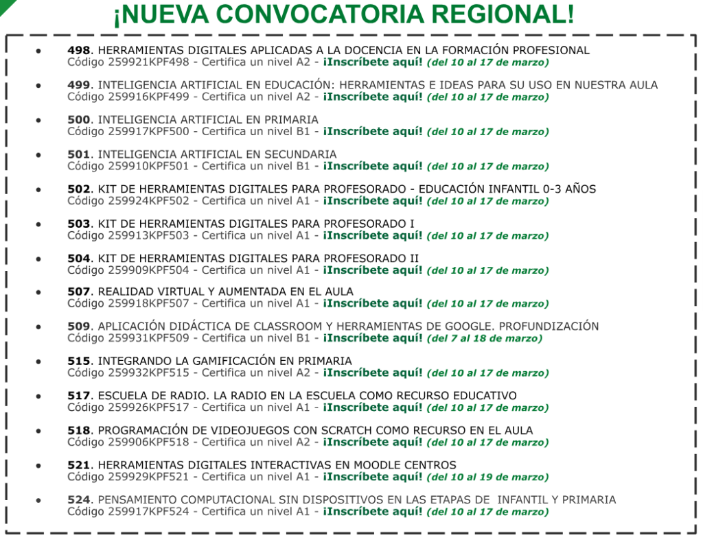 Tabla con cursos