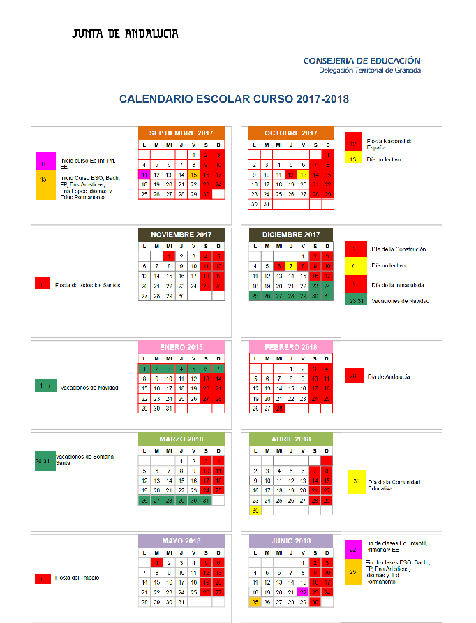 calendario escolar junta de andalucia 2018 granada