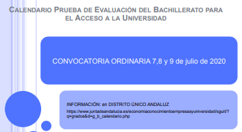 Calendario Prueba de Evaluación del Bachillerato para el Acceso a la Universidad