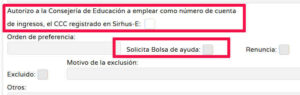 Casillas que se han de marcar para solicitar la bolsa de ayuda