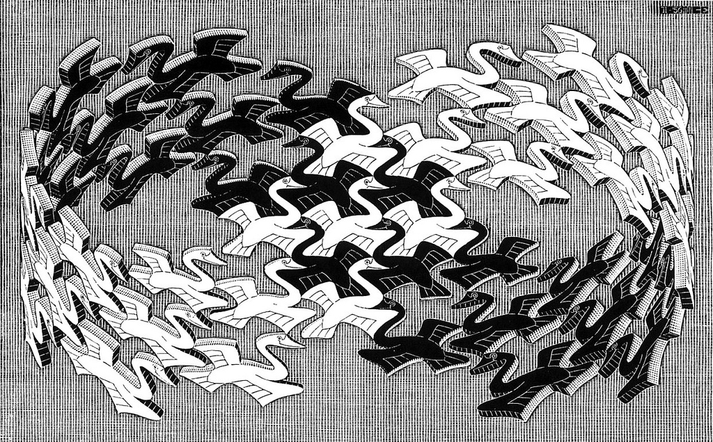 Adicción Matemática» Archivo del Blog » Cisnes (1956), grabado en madera de  M. C. Escher