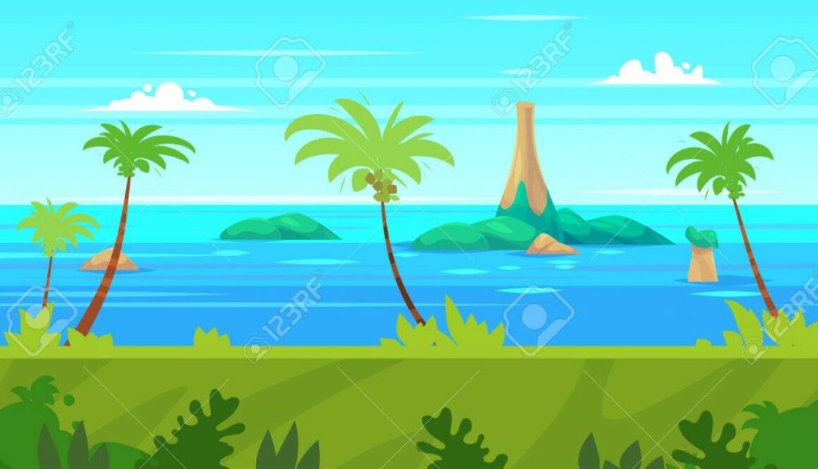 Cartoon nature seamless landscape with sea and palm