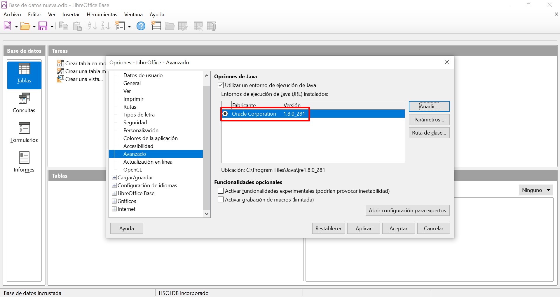 Cómo solucionar el problema con Java en Base de LibreOffice Las TIC