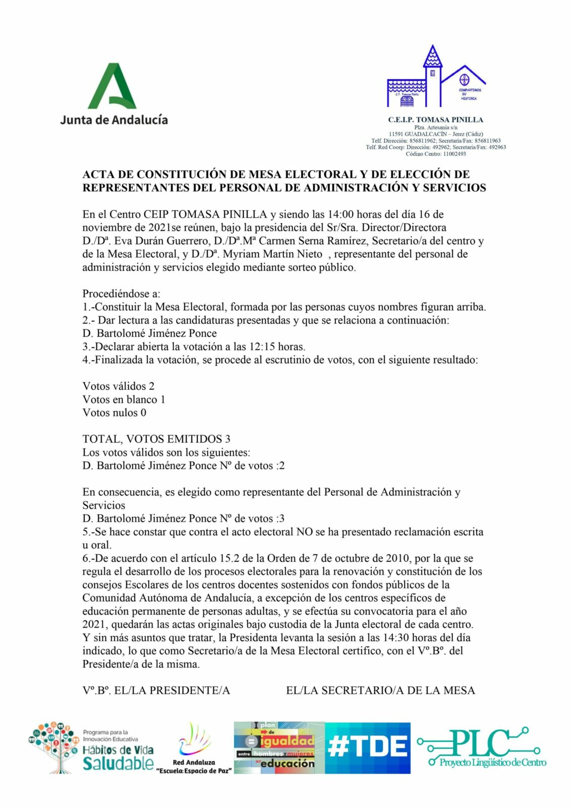 Actas ElecciÓn Representantes Consejo Escolar Ceip Tomasa Pinilla 1469